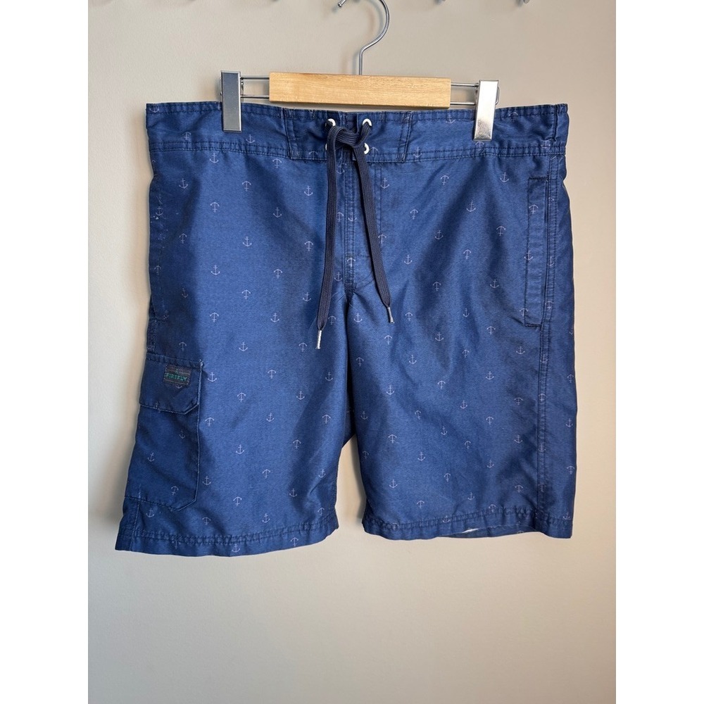 Firefly Mens Anchor Print Board Shorts Swim‎ Trunks Blue Cargo Pocket Medium
